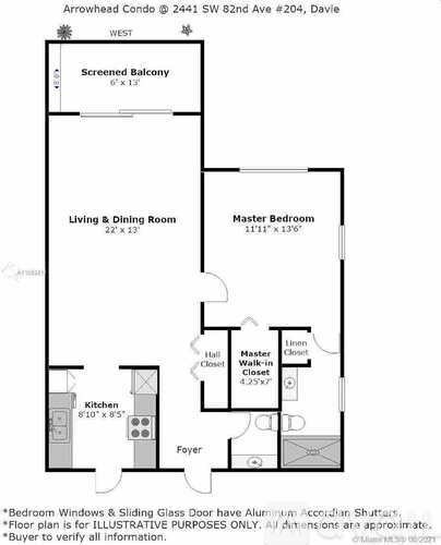 A floor plan of a condo with a living and dining room, kitchen, and two bedrooms.