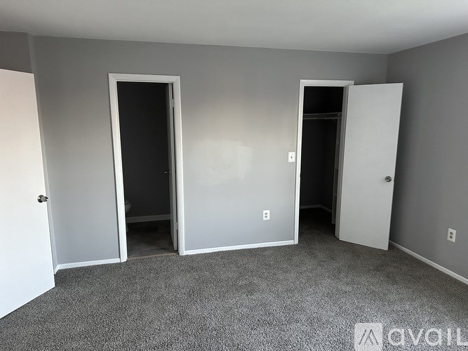 Three white doors in a room with carpeted floor.
