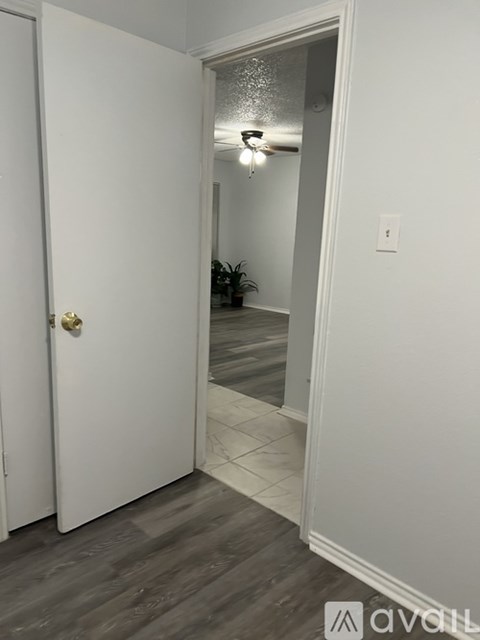 A white door with a gold handle is open to a room with a ceiling fan and a plant.