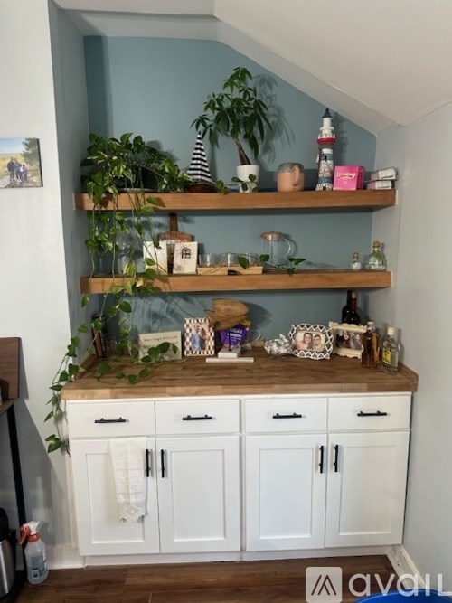 A kitchen with white cabinets and wooden shelves filled with plants and decorative items.