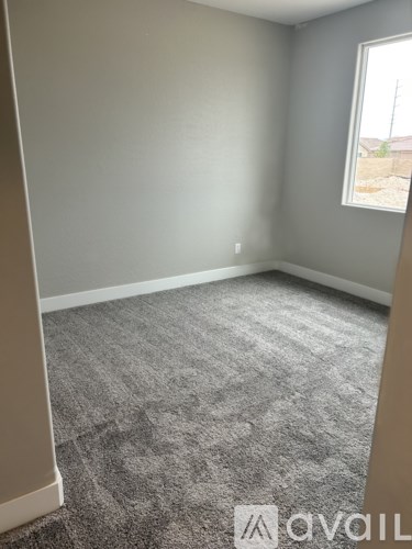 A room with grey carpet and a window.