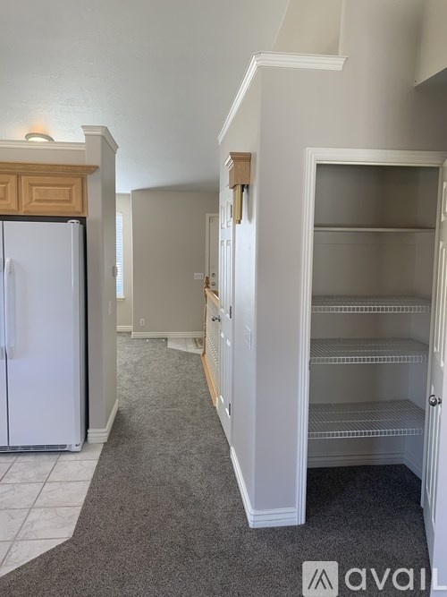 A kitchen with a white refrigerator and a white pantry with shelves.