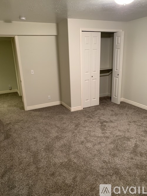 A room with carpeted floor and two doors, one of which is open.