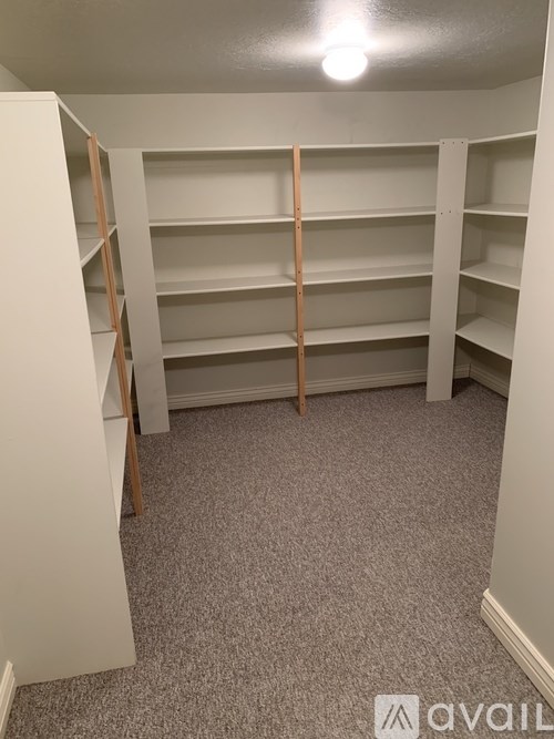 Empty room with shelves and a carpeted floor.