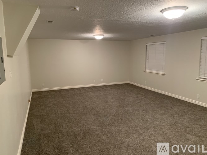 A room with carpeted floor and two windows.