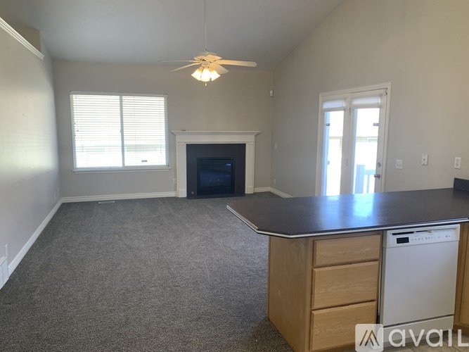 A room with a fireplace and a countertop.