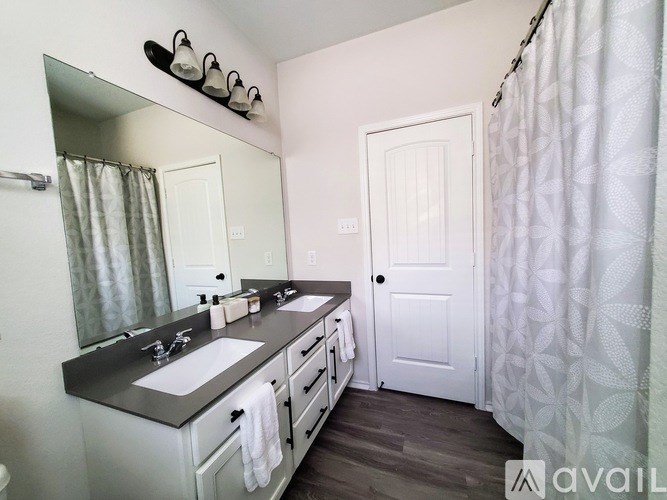 A bathroom with a sink, mirror, and shower curtain.