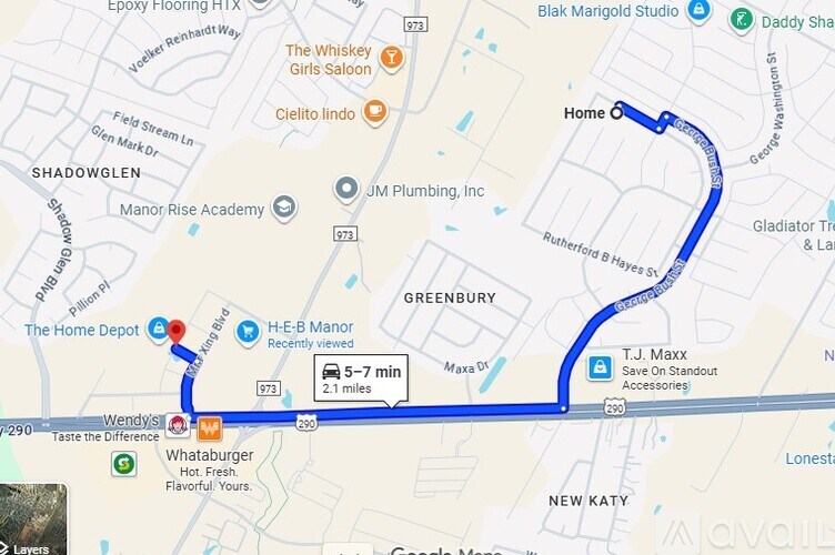 A map with a route highlighted in blue from The Home Depot to T.J. Maxx.