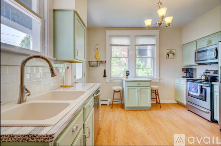 A kitchen with green cabinets and a white sink.