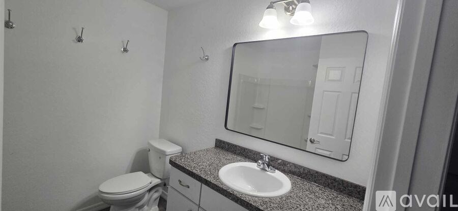 A bathroom with a toilet, sink and mirror.