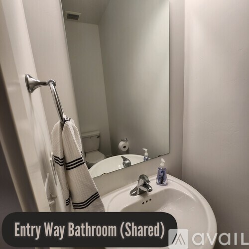 A bathroom with a white sink and a towel hanging on the shower rod.