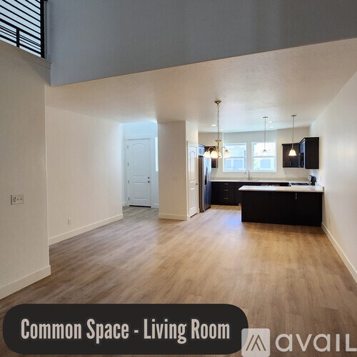A living room with a kitchen in the background.