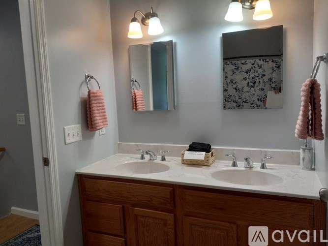A bathroom with a double sink vanity and a mirror above it.