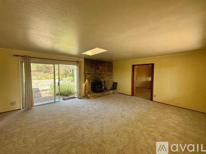 A living room with a fireplace and sliding glass doors.