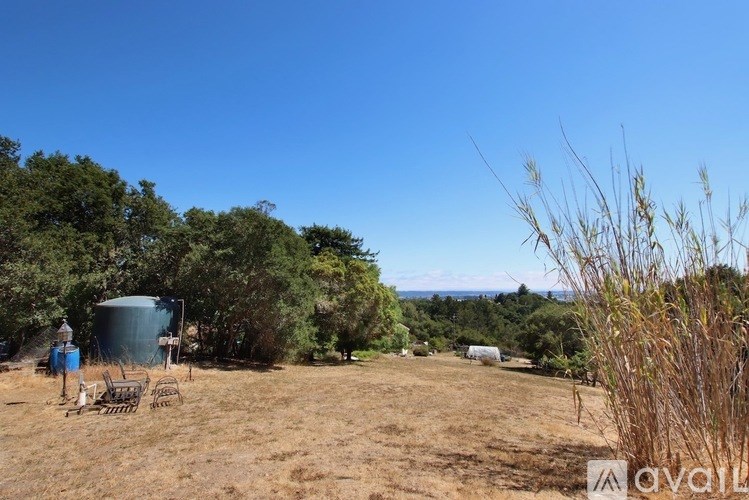 A field with a blue water tank and trees in the background.
