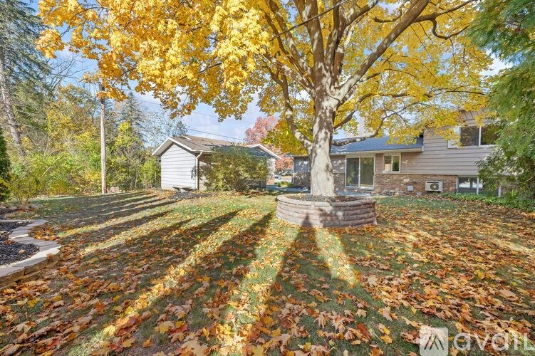 A tree with yellow leaves is in front of a house.