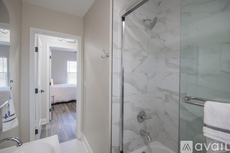 A bathroom with a walk in shower and a white sink.