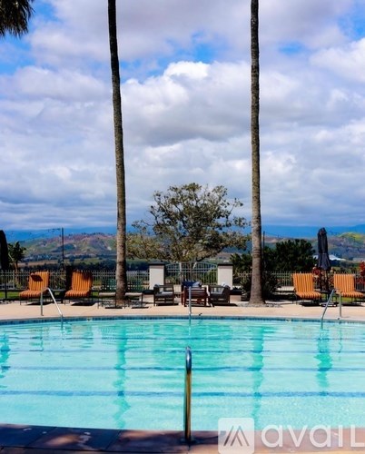 A pool surrounded by palm trees and chairs.