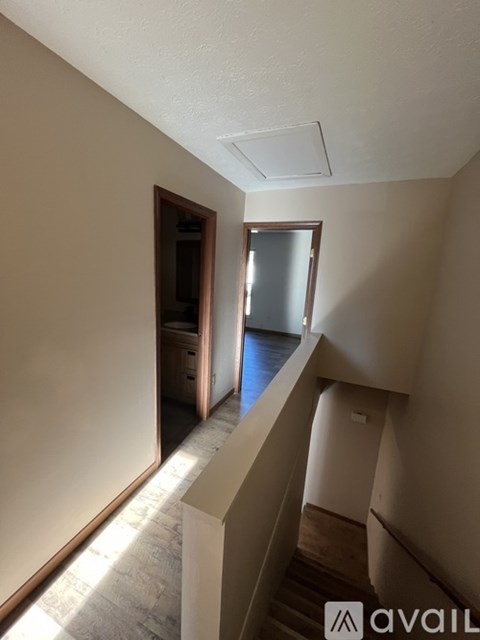 A hallway with a light on the ceiling and a door on the left.
