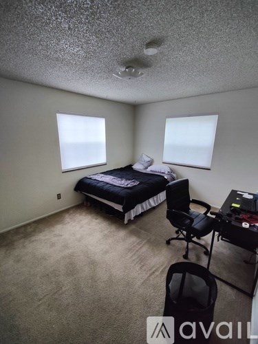 A bedroom with a bed, desk, and chair.