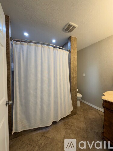 A bathroom with a toilet, a sink, and a shower curtain.