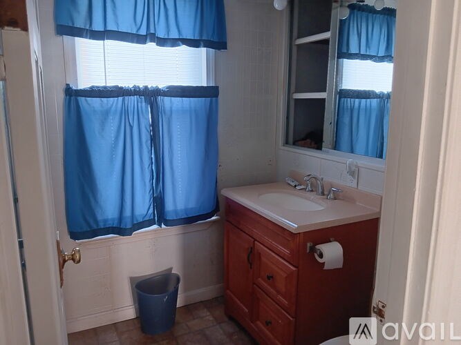 A bathroom with a blue curtain and a white sink.