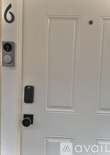 A white door with a black handle and a keypad.
