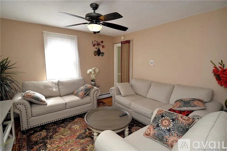 A living room with two couches and a rug.
