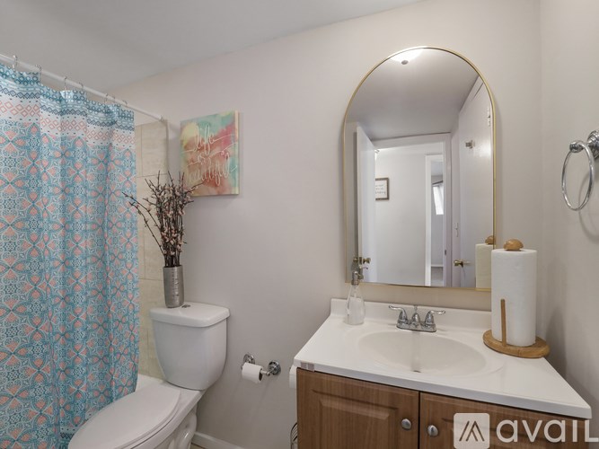 A bathroom with a toilet, sink, and shower curtain.
