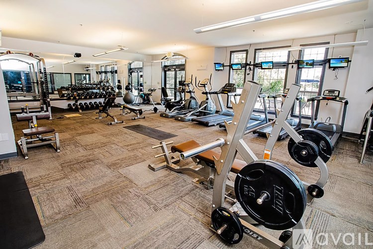 A gym with a variety of equipment including treadmills, weights, and exercise machines.