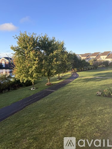 A grassy area with a tree and a path in the foreground and houses in the background.
