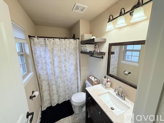 A small bathroom with a toilet, sink, and shower curtain.