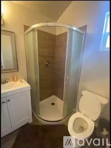 A bathroom with a toilet, sink, and a walk-in shower.