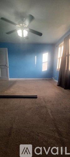 A room with a ceiling fan and a brown carpet.