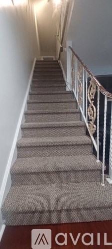 A staircase with a carpeted runner and a metal railing.