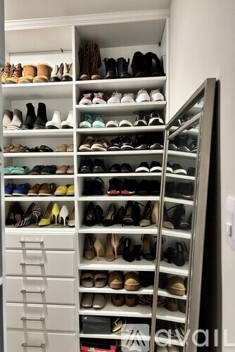 A shoe rack with multiple pairs of shoes organized by type and color.