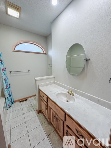 A bathroom with a sink, mirror, and shower.