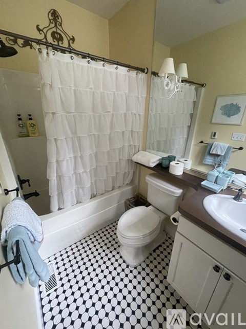 A white toilet sits in a bathroom with a black and white floor.