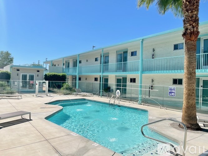 A pool area with a palm tree and a building in the background.