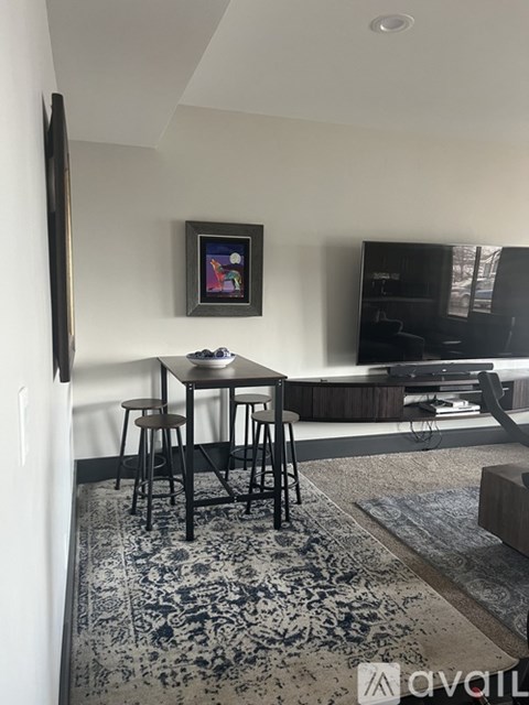 A black and white patterned rug covers the floor in a living room.