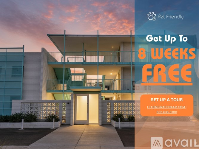 A modern building with a glass facade and a green balcony is advertised for a 8 weeks free lease.