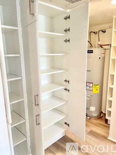 A white pantry with shelves and a white door.