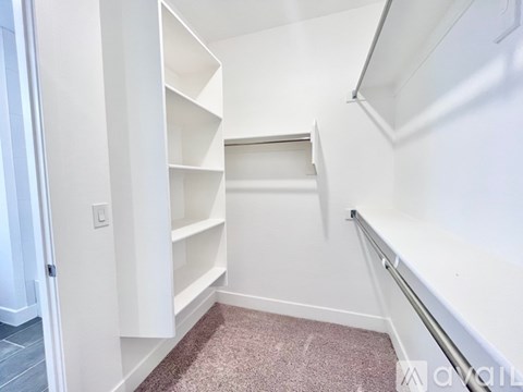 A white closet with shelves and a carpeted floor.