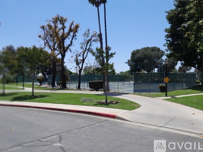 A street view with trees, a sidewalk, and a street sign.