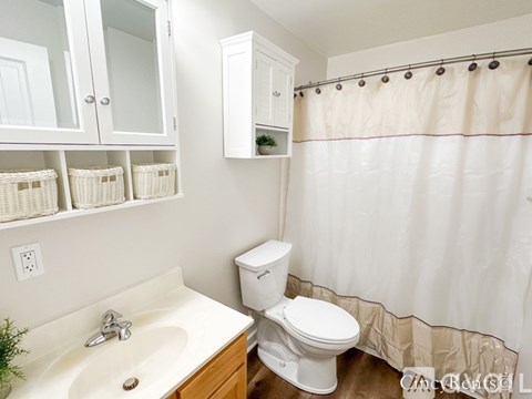 A white toilet sits next to a sink in a bathroom.
