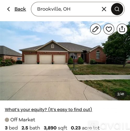 A house in Brookville, OH is listed as off the market with 3 bedrooms, 2.5 bathrooms, 3,890 square feet, and 0.23 acre lot.