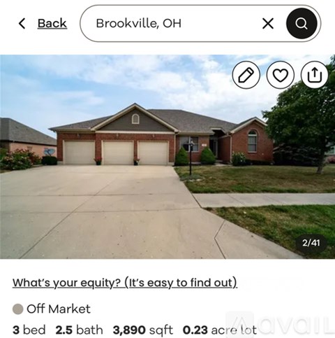 A house in Brookville, OH is listed as off the market with 3 bedrooms, 2.5 bathrooms, 3,890 square feet, and 0.23 acre lot.