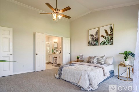 A bedroom with a bed, a ceiling fan, and a plant on a side table.