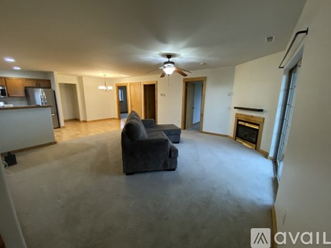A living room with a grey couch and a fireplace.