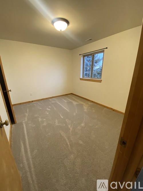 A room with a window and a carpeted floor.